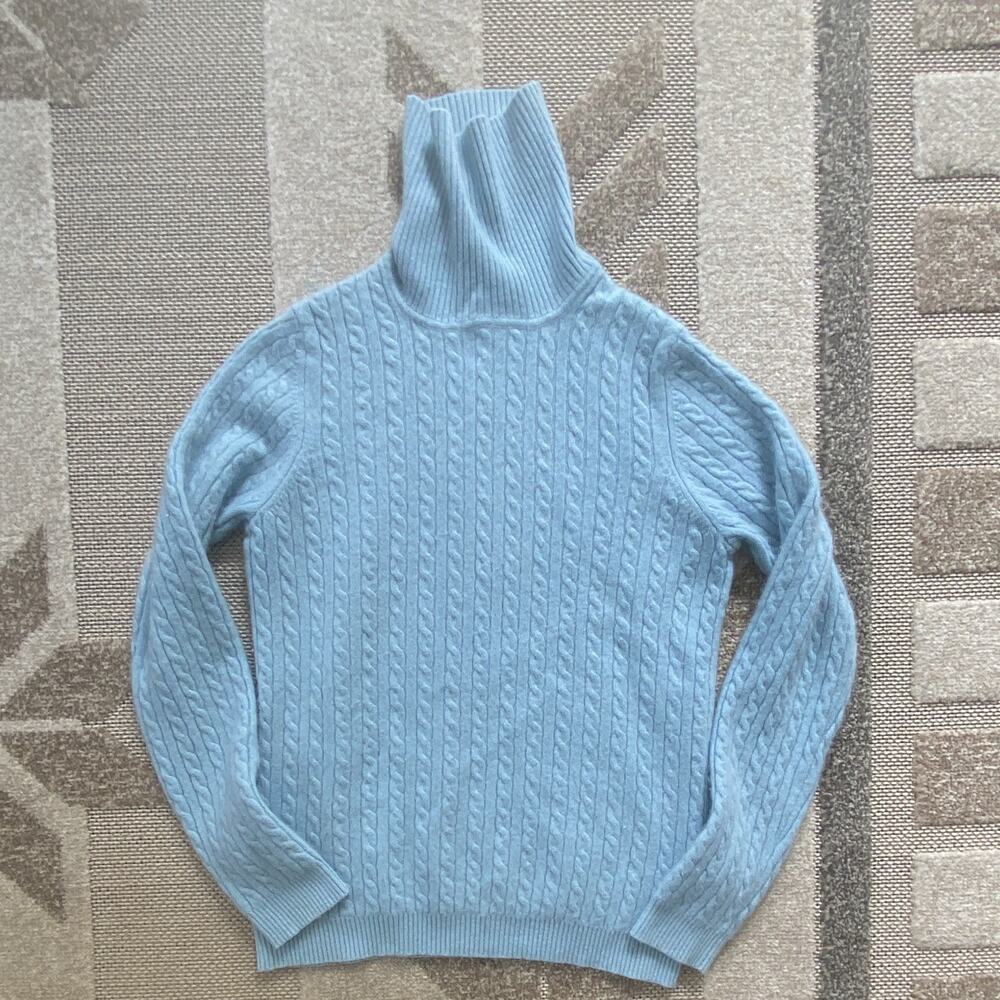 Charter Club Women’s Blue 100% Cashmere Cable Knit Turtleneck Pullover Sweater S